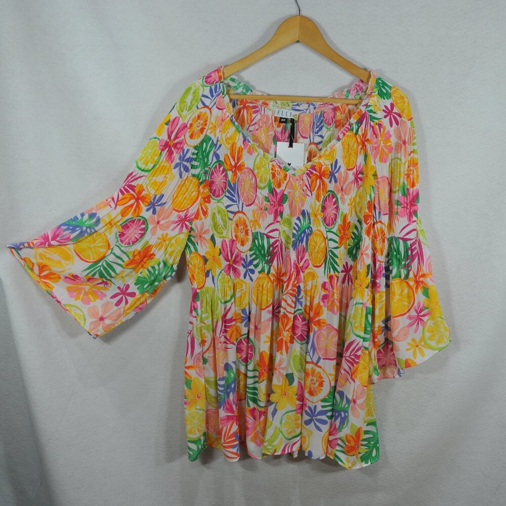 Elle Women's Blouse 2X Multicolor Floral Peasant 3/4 Sleeve Smocked Top NWT